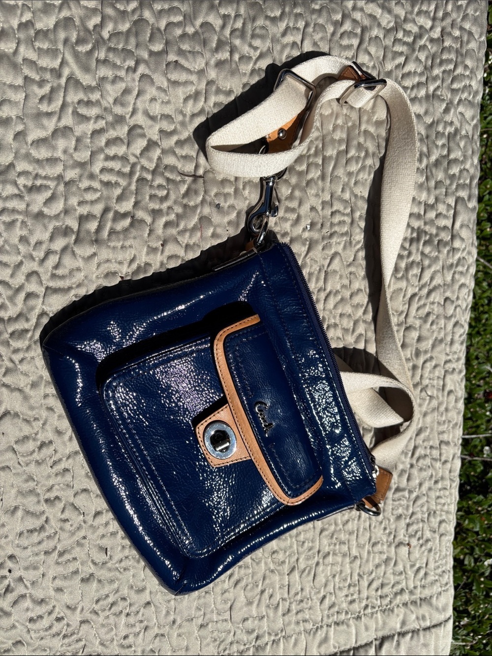 Coach Navy Patent Leather Crossbody with Cream Strap and Tan Trim